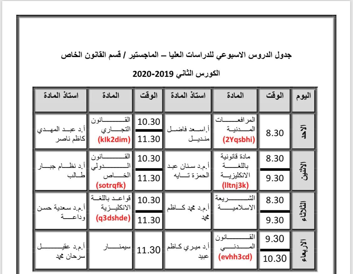جدول محاضرات طلبة الدراسات العليا الماجستير قسم القانون الخاص 1